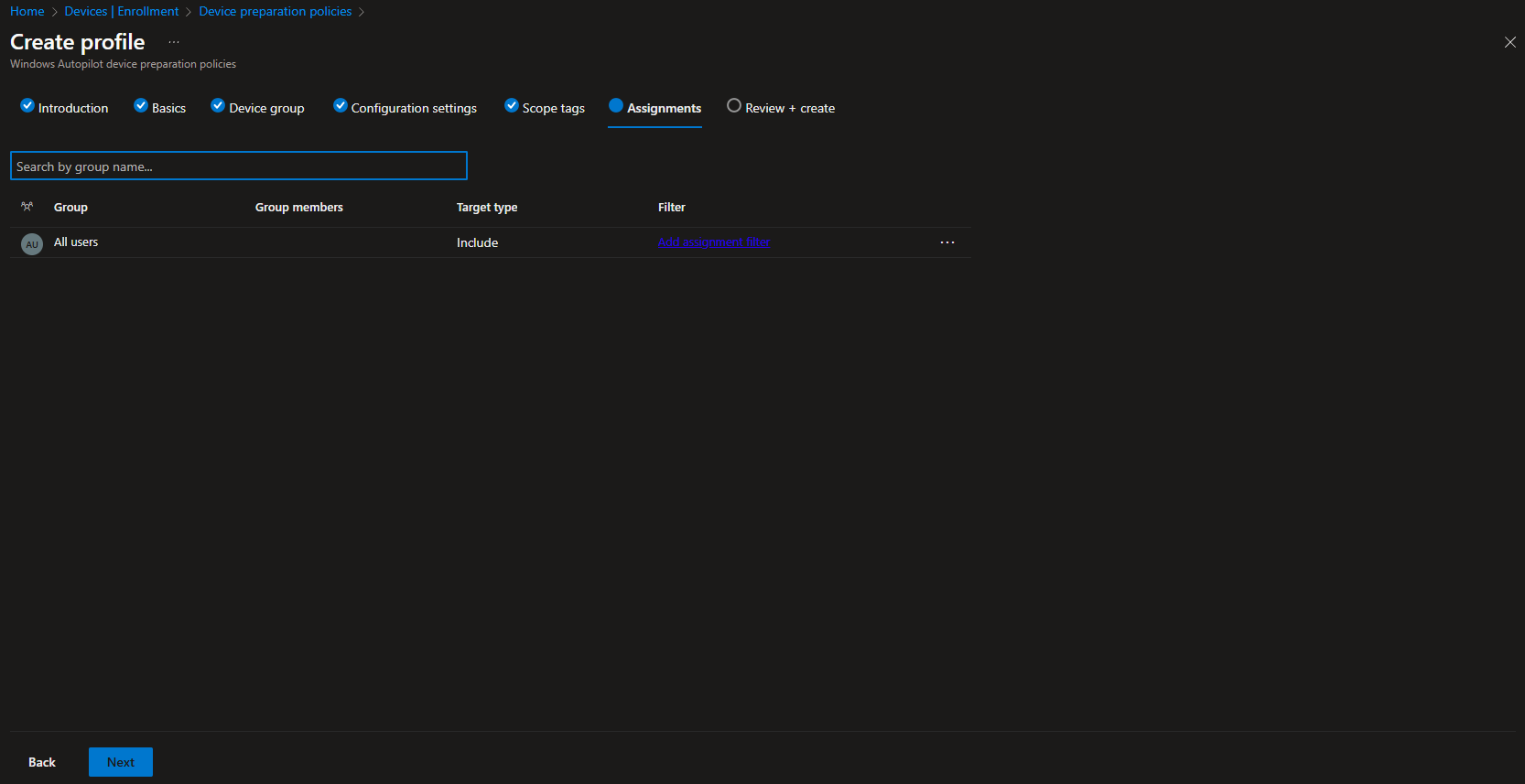 Assigning the device preparation policy to users